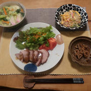 ”素焼き豚”の焼豚とチャンポン麺の晩ご飯と　花壇の花♪