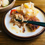 mizkan鶏てりやきのたれで、材料3つのハンバーグと豆腐ソースのポテサラ～。
