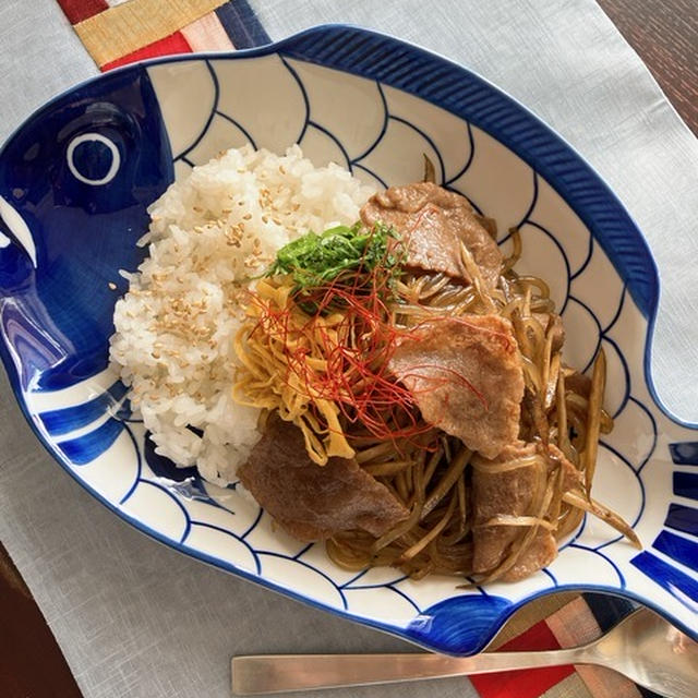 春のチャプチェ「春ごぼうと切り落とし牛肉のチャプチェ」。