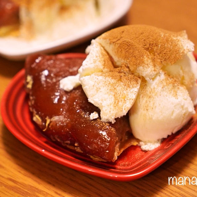 エゾ鹿のスパイス焼きに、砂肝とえんどうの黒胡椒アヒージョや、茄子とトマトのチーズ焼きなど、糖質オフな晩ごはんに、一晩冷やして完成したタルトタタン