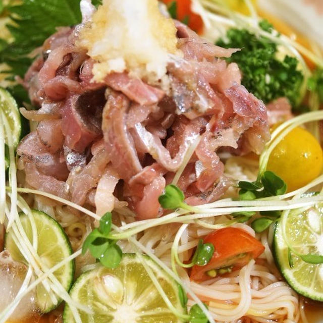 ■夏麺【鯵のタタキとスダチでぶっかけ素麺】徳島からみかんとスダチが届きました♪