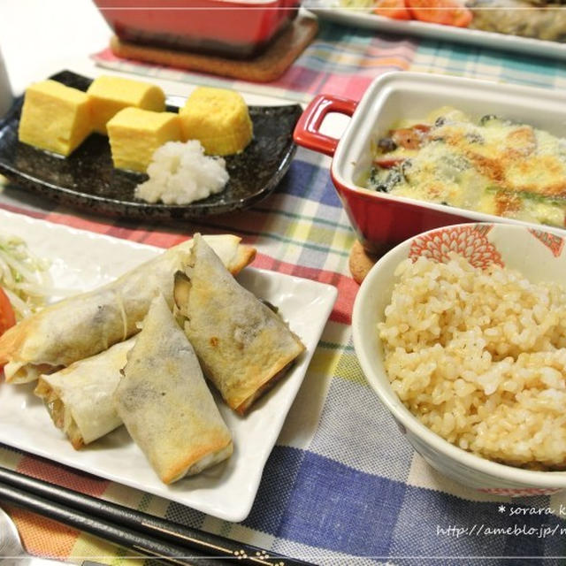 たっぷり茄子と春キャベツの焼き春巻きｄｅお夕飯
