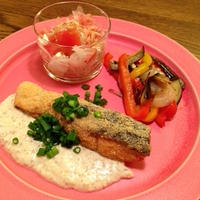 高野衣のサーモンフライ、豆乳ごまクリーム添え☆【乾物イタリアンレシピコンテスト参加中】