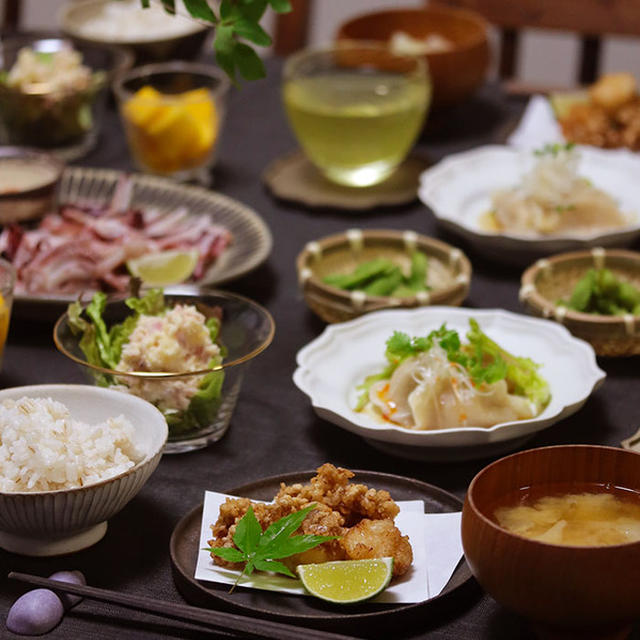 【献立】ほたてのから揚げと、自家製いかの一夜干しと、ベーコンポテトサラダなど。～久々の江戸は都会でした～