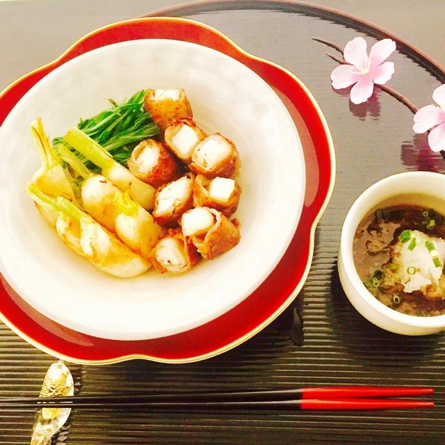 柚子胡椒の香り♡豚バラの長芋巻きと焼き蕪と水菜の鉢物