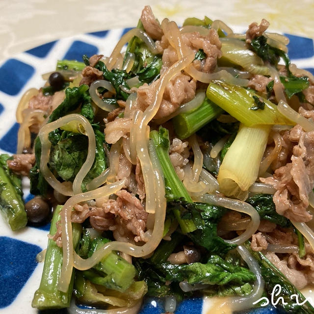 しゅんぎくと牛肉のすき焼き風。とまいどおなじみおじゃまとり