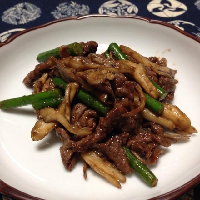 舞茸とにんにくの芽＆牛肉の甜麺醤炒め