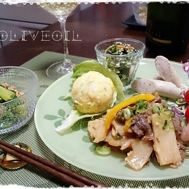 筍と牛肉の香味炒め＆ポテサラボールなどなど♪