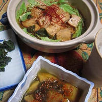 焼肉のタレで豆腐鍋と、柿のとろろ昆布煮