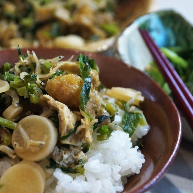 ◆簡単５分！副菜【菜園間引き大根で「じゃこ.油揚げ大根葉の麺つゆ炒め／漬物」】