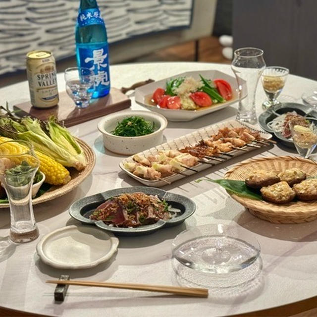 焼き鳥、焼きおにぎり、焼きびたしとか、居酒屋さん風の夜ごはん