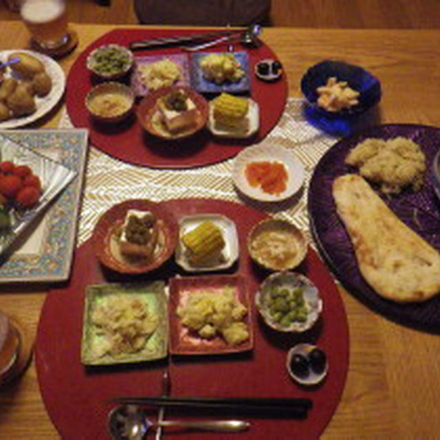 7/13の晩ごはん　2日目の夏野菜カレーはプレートで。サラダとかお野菜ちまちまで13品(^_-)-☆