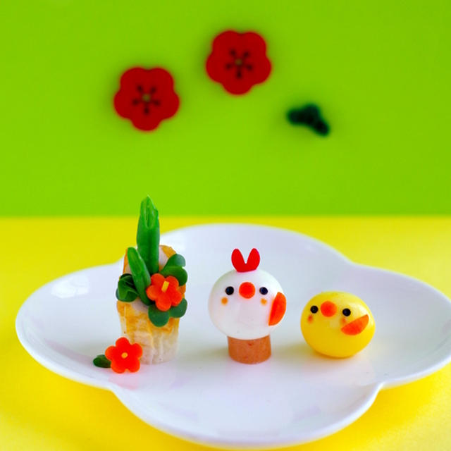ちくわで作る門松とウズラのひよこ＆ニワトリ
