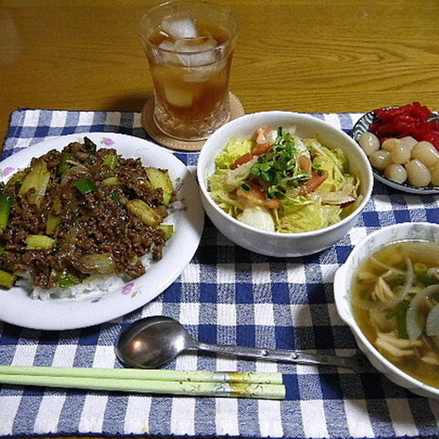 【夕食】ネギまみれ肉キーマカレー・レタスとトマトのサラダ・しめじと玉ねぎのスープ…