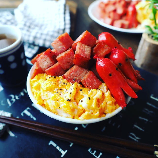 今日のランチは手抜きご飯 とろとろたまごのスパム丼 タコさんウインナー添え By しゃなママさん レシピブログ 料理ブログのレシピ満載