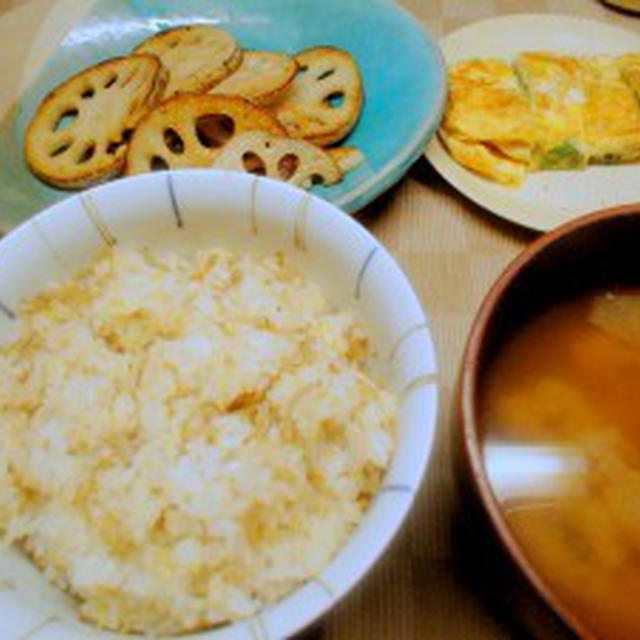 じゃこと生姜の混ぜご飯、蓮根ナンプラー炒め、三つ葉の卵焼き