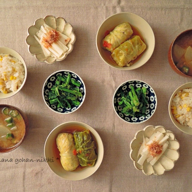 ロールキャベツとコーンご飯。