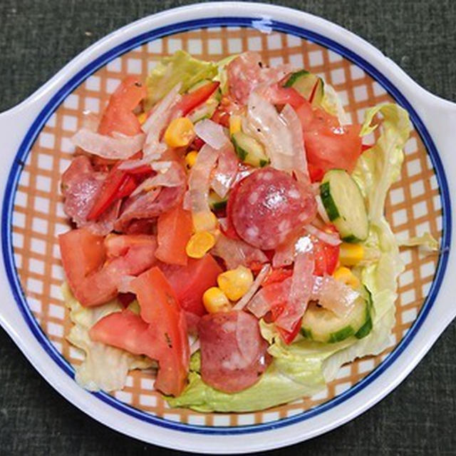 本日のサラダ：ドライソーセージと野菜のサラダ