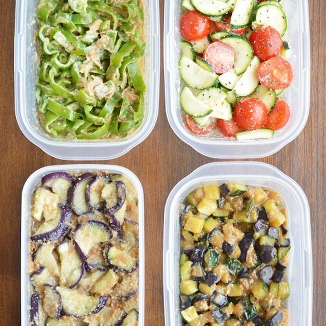 火を使わない副菜の「作り置き」(切って混ぜるだけ＆レンチンするだけ)4品と、下味を付けただけの主菜用のお肉3種類。