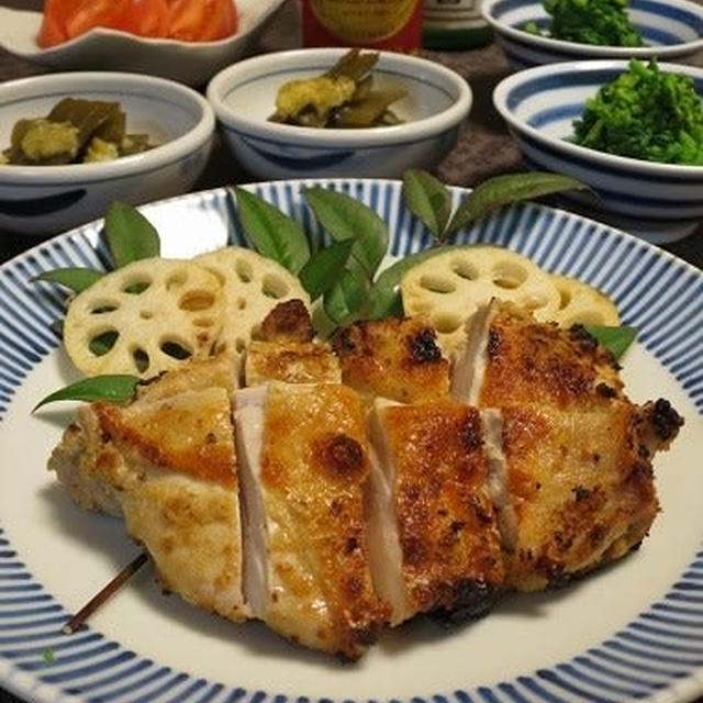 鶏もも肉の糠漬け焼きと菜花の辛子醤油和え