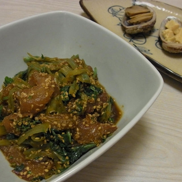 花わさびと鯛のごまかぼす醤油漬け・菜の花と海老芋の煮貝汁煮