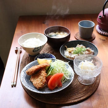 白菜と豚肉の中華蒸し。あじフライ・献立。