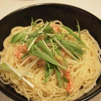 パスタでご飯☆カニ缶と水菜のパスタ