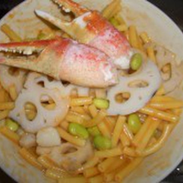レシピブログ 旬の食材を作る早ゆでパスタレシピ②レンコンとカニ爪入りの蟹のトマトクリームパスタ
