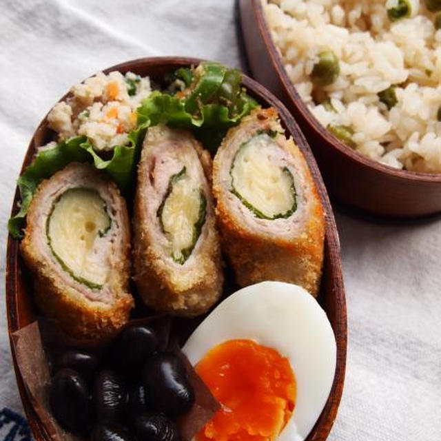 グリーンピースご飯に豚チーズフライ弁当。