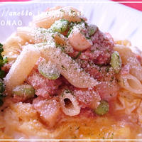 オープンオムレツでツナ枝豆パスタ