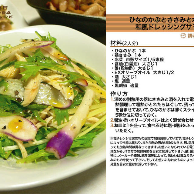 ひのなかぶとささみと水菜の和風ドレッシングサラダ サラダ料理 -Recipe No.1125-