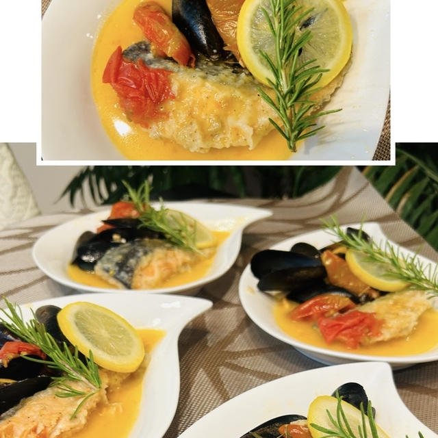 おもてなしはお手軽に生鮭とムール貝とミニトマトでシンプルにアクアパッツアです!!