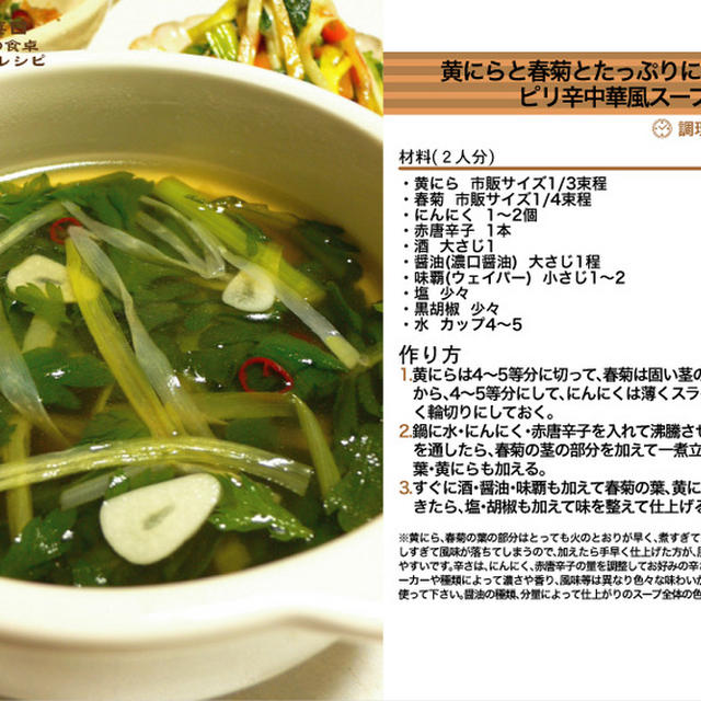 黄にらと春菊とたっぷりにんにくのピリ辛中華風スープ　スープ料理　-Recipe No.1217-