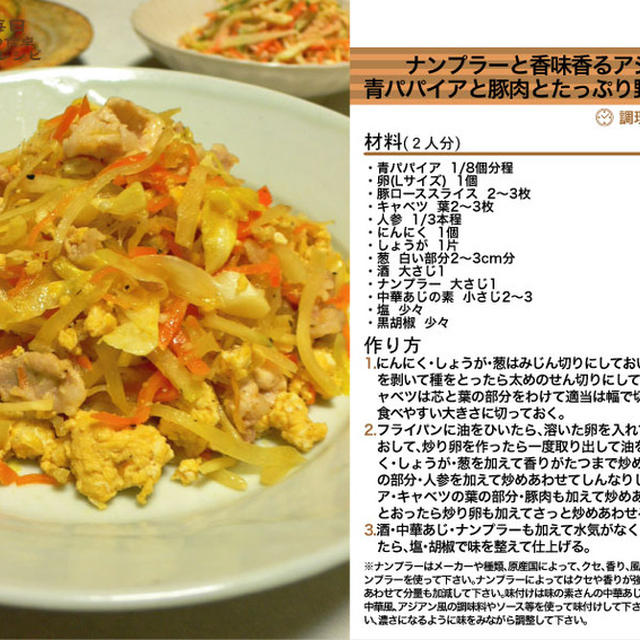 ナンプラーと香味香るアジアン風青パパイアと豚肉とたっぷり野菜の炒り卵　炒め物料理　-Recipe No.1186-