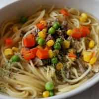 さば缶とミックスベジタブルのレモンソテーパスタ