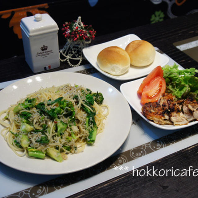 （夕飯）　菜の花としらすのパスタ　レン君10ヶ月