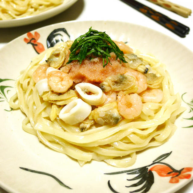 冷凍うどんdeと～ってもお手軽♪大葉香る☆たらこたっぷりシーフードうどん 冷凍めん(うどん)料理 -Recipe No.1395-