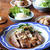 おろしたまねぎダレで豚テキ。新じゃがとイカの煮物。