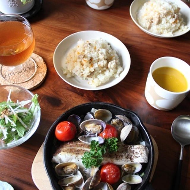 鯛とあさりのアクアパッツァ。炊飯器でチキンピラフ