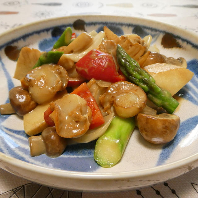 ベビーホタテと春野菜の白味噌炒め