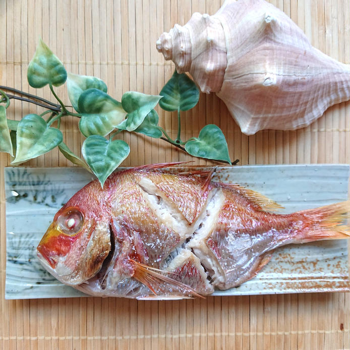 和皿に盛られた尾頭付きの鯛の塩焼き、貝の置き物、枝付きの緑の葉