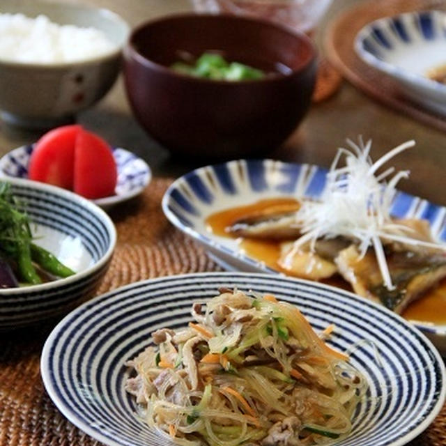 豚肉チャプチェ と あじの甘酢あん。