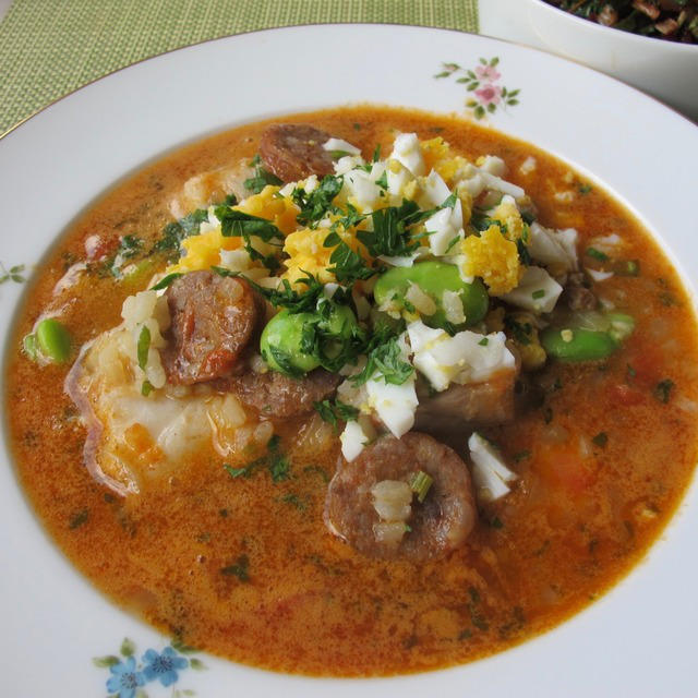 鱈とチョリソーと空豆のスープ