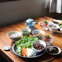 中華風、細切り牛肉と野菜のサンチュ巻き・献立。