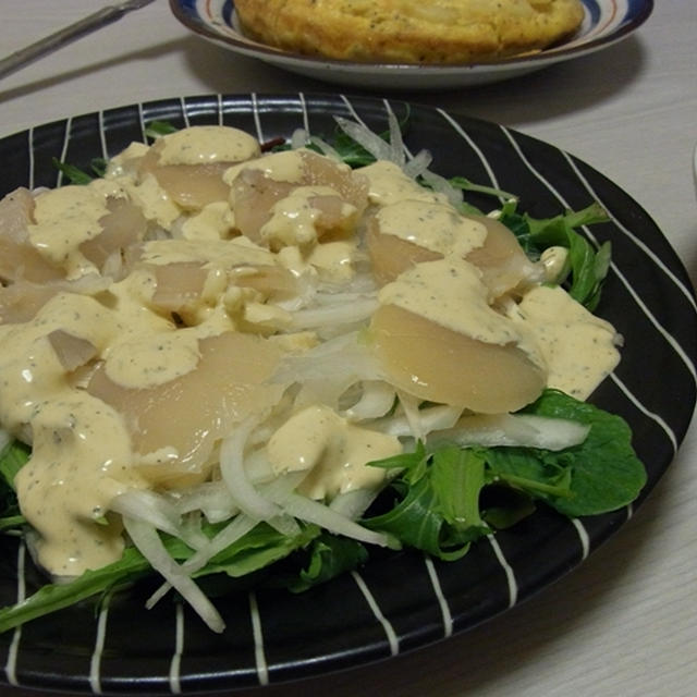 ほたてのカルパッチョわさびマヨソース・貝ひもと山芋のバター炒め・スパムと玉ねぎの味噌卵とじ