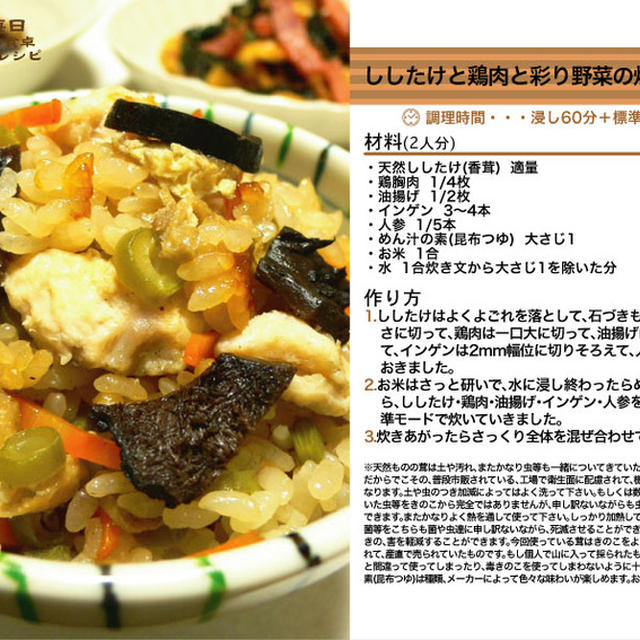 ししたけと鶏肉と彩り野菜の炊き込みご飯 -Recipe No.1024-