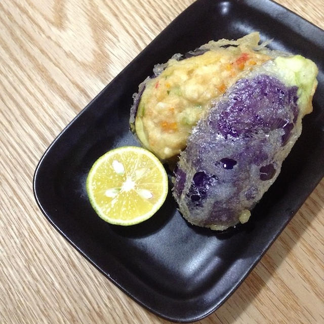 精進料理の試作は続く・・・　「ナスと豆腐真薯の天ぷら」