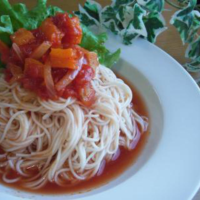 ひんやり☆甘〜い。。♪ラタトゥイユ☆冷製トマト素麺。。♪