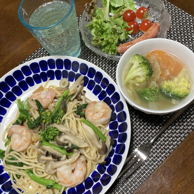 菜の花・しめじと海老のパスタと新しい冷蔵庫