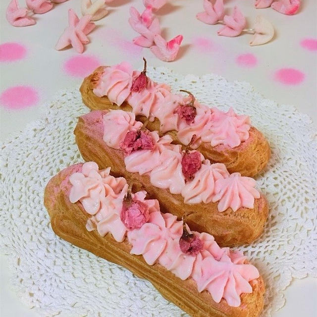 レシピ＊桜のシュークリーム、エクレア風 ♪ おひな祭り、お花見
